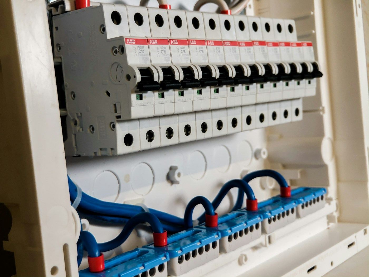 Row of circuit breakers in a residential electrical panel